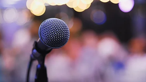 Microphone on the Stand is Standing on the Stage Stock Footage 86112273