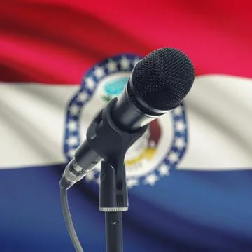 Microphone on stand with US state flag on background - Missouri 스톡 사진