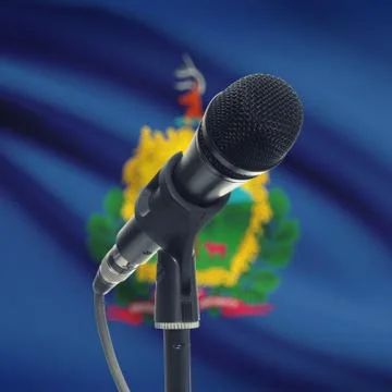 Microphone on stand with US state flag on background - Vermont 스톡 사진