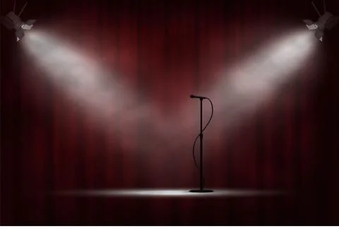 Microphone standing on stage in spotlight, red curtain background. Comedy show Stock Illustration