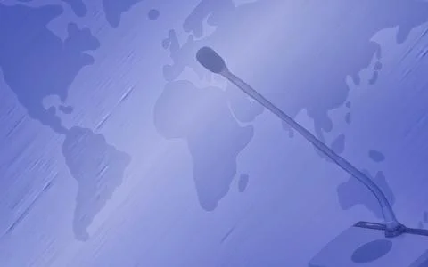 Microphone stands before a blurred world map graphic representing global co.. Stock Photos
