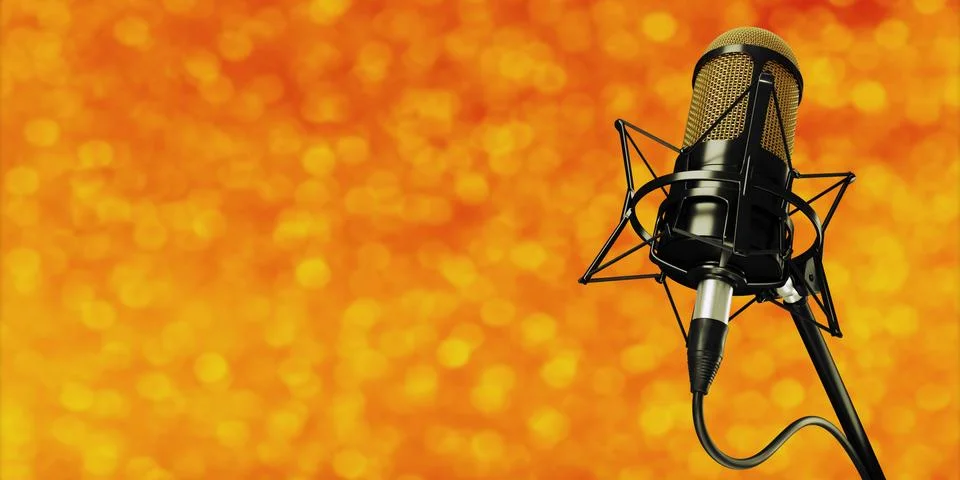 Microphone in studio hall with blurred lights at background 스톡 일러스트