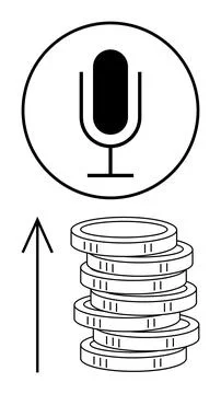 Microphone symbol above stack of coins with an upward arrow. Ideal for financ Ilustración de archivo