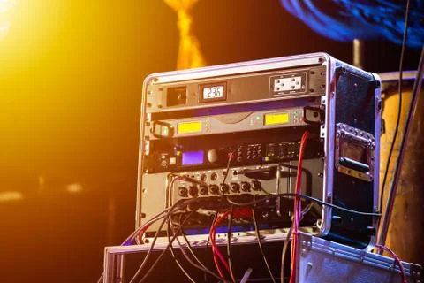 The Microphone System is on the stage Stock Photos