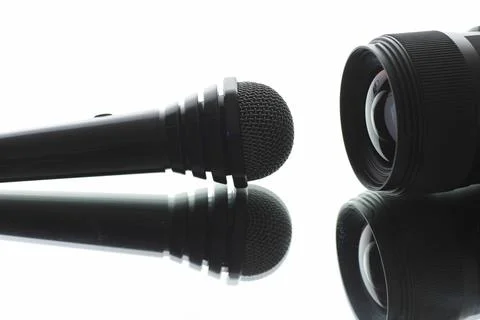 The microphone is on the table. Journalism concept. Stock Photos