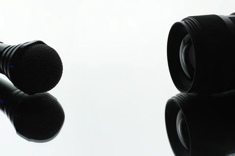 The microphone is on the table. Journalism concept. Stock Photos