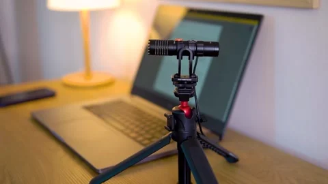 Microphone on tripod in vlogging studio on the table in living room Stock Footage 243979714
