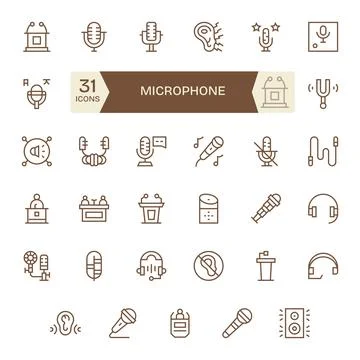 Microphone Vector Icon Collection with 35 256x256 Regular Line Designs Stock Illustration