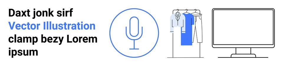 Microphone within circle, clothes rack with hanging apparel, and computer mon イラスト素材