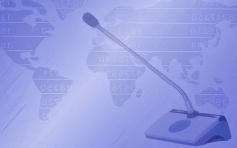 Microphone on a world map background with digital data overlay representing.. Stock Photos