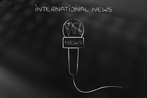 Microphone with world map, news coverage &amp; headlines concept Stock Illustration