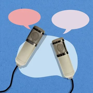 Microphones with an empty speech bubble on a colored background. Copy space.. Stock Photos
