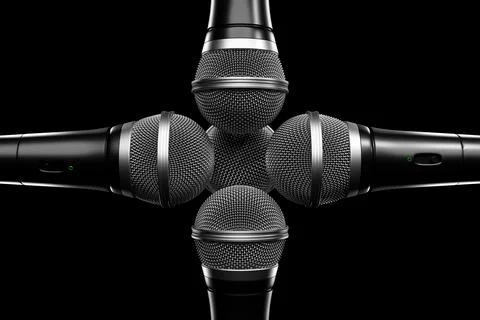 Microphones, round shape model on black background, realistic 3D mockup. musi Stockillustratie