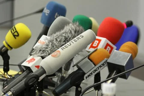 Microphones on a table Stock Photos