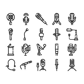 Microphones types icon set for audio recording broadcast Stock Illustration