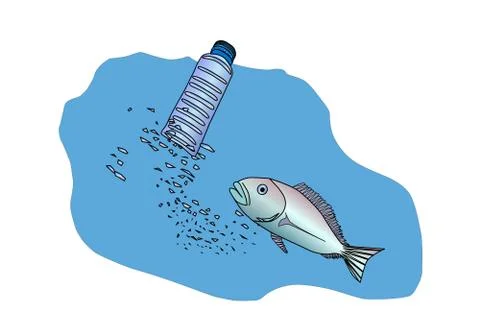 Microplastic particles in the water and inside fish. Stock Illustration