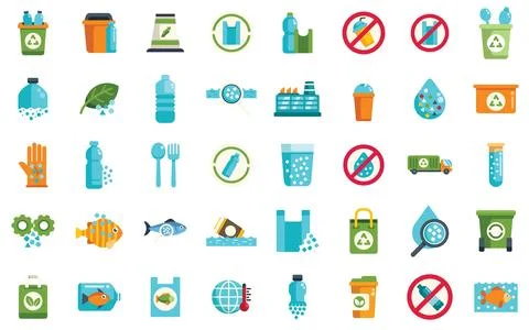 Microplastic pollution icons showing tiny particles entering food chain and Stock Illustration