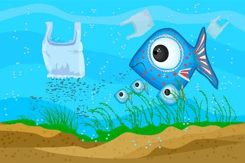 Microplastic pollution problem in ocean. Environmental problem. Stock Illustration