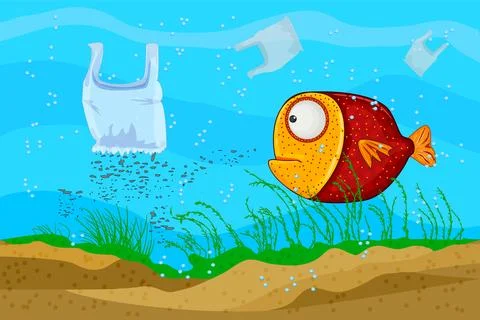 Microplastic pollution problem in ocean. Plastic pollution. Stock Illustration