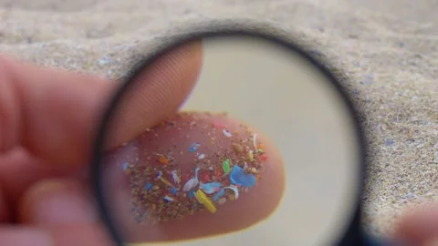 Microplastic research, colorful plastic particles in sand close up view. Taking Vidéo 220736127
