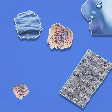 Microplastics cutout shapes on blue background, plastic pollution concept s.. 스톡 사진