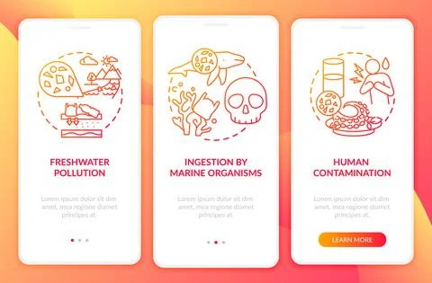 Microplastics effects onboarding mobile app page screen with concepts Ilustración de archivo