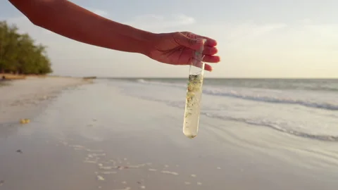 Microplastics in ocean, micro plastic pollution in water and beach Stock Footage 306719417