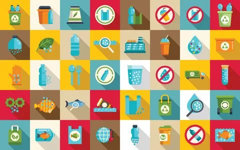 Microplastics pollution icons set flat vector. Fish environment plastic Stock Illustration