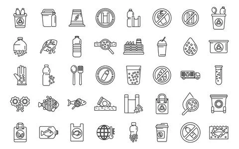 Microplastics pollution icons set outline vector. Fish environment plastic Stock Illustration