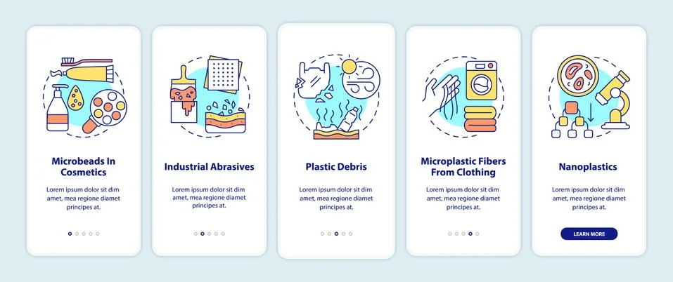 Microplastics sources and types onboarding mobile app page screen with concepts Ilustración de archivo
