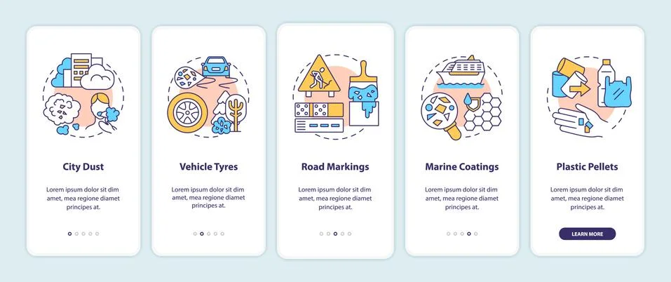 Microplastics sources onboarding mobile app page screen with concepts Ilustración de archivo
