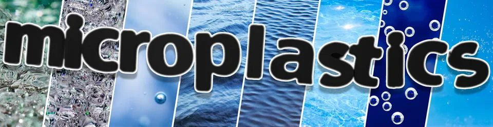 Microplastics text overlay on water pollution collage, ocean plastic concep.. Fotos Stock