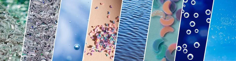 Microplastics in water horizontal diagonal collage background, plastic bead.. 스톡 사진