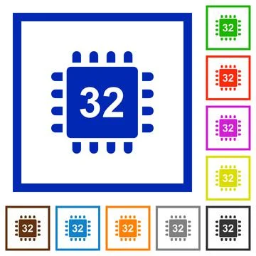 Microprocessor 32 bit architecture flat framed icons Stock Illustration