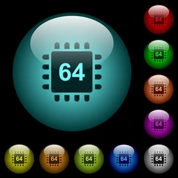 Microprocessor 64 bit architecture icons in color illuminated glass buttons Stock Illustration