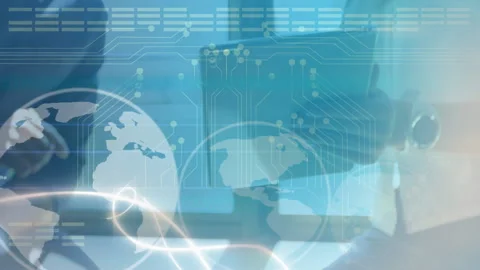 Microprocessor and globe spinning against two man using digital tablet Stock Footage 134057583