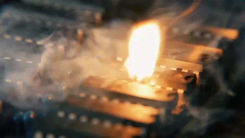 The microprocessor burns with sparks. Computer electronics crash test. Видео 144830612