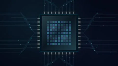 Microprocessor chip with cyan and dark blue cores pulses against a static dark 库存影片 345184976