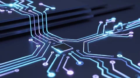 Microprocessor chip with glowing circuit traces processing data 스톡 동영상 342094461
