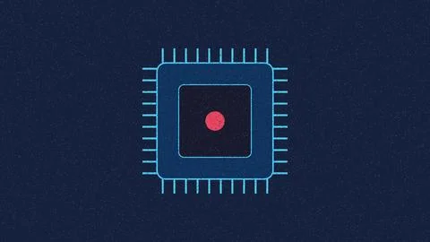 Microprocessor chip glowing red core on dark cosmic background Stock Illustration
