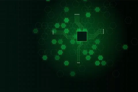 Microprocessor chip with green hexagons and circuit lines for data network .. Ilustração Stock