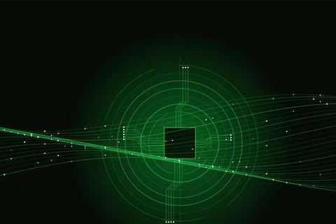 Microprocessor chip with green radar circles and light waves for digital sc.. Stock Illustration