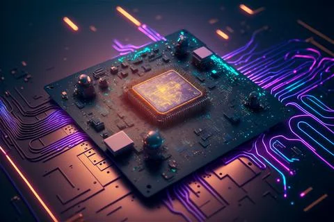 Microprocessor chip on server motherboard with neon lights in cyberspace Stock Illustration