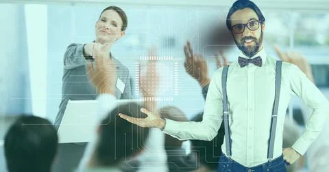 Microprocessor connection over man holding an invisible object against caucasian Foto stock