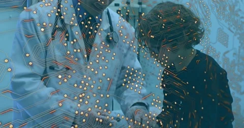 Microprocessor connections against asian male doctor talking to caucasian boy at Vídeo Stock 199360185