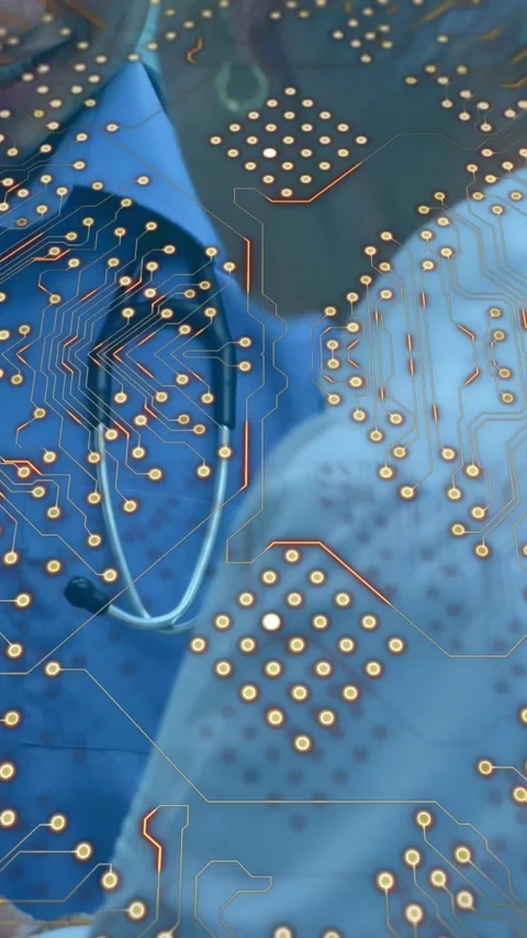 Microprocessor connections against asian male doctor examining caucasian senior Vídeo Stock 342600041