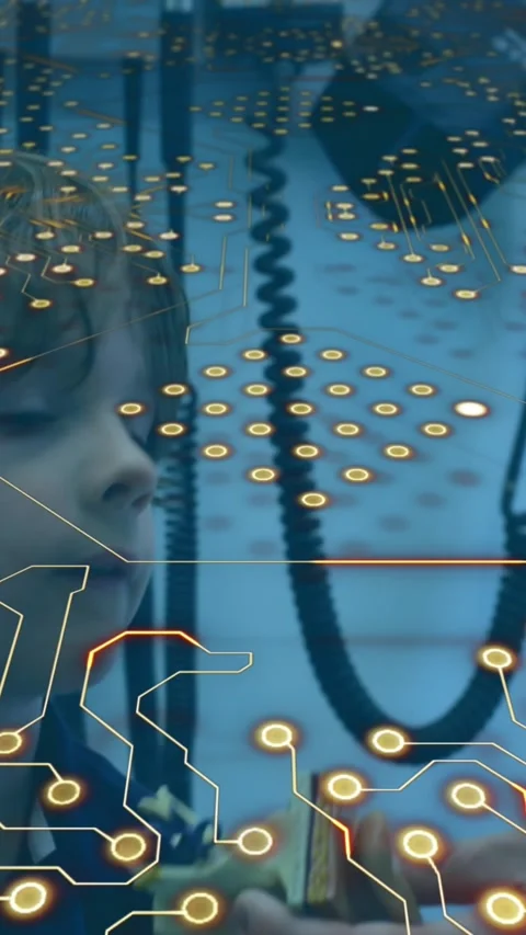Microprocessor connections against asian male doctor talking to caucasian boy at Vídeo Stock 342612428