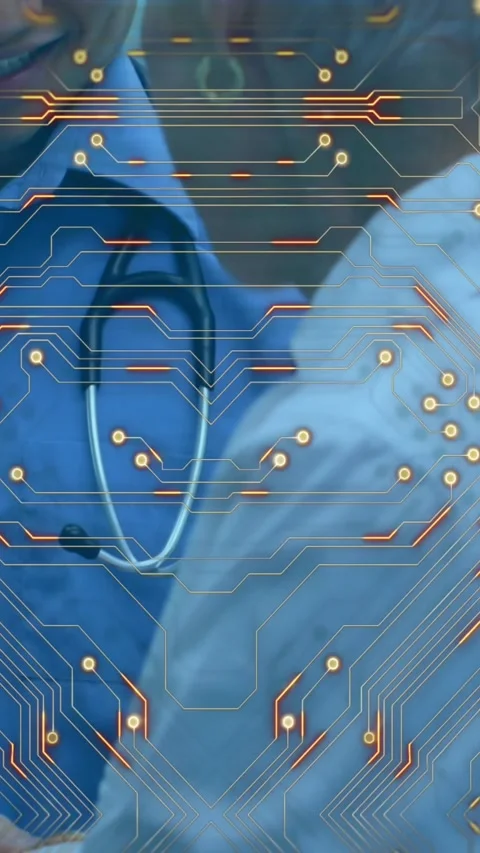 Microprocessor connections against asian male doctor examining caucasian senior Vídeo Stock 342612432