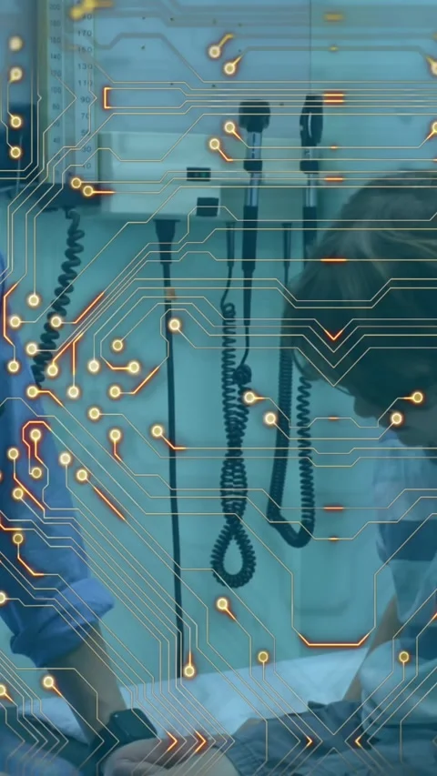 Microprocessor connections against asian male doctor examining caucasian boy's Vídeo Stock 342650531