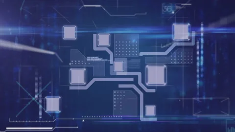 Microprocessor connections against blue background Vídeo Stock 135458603